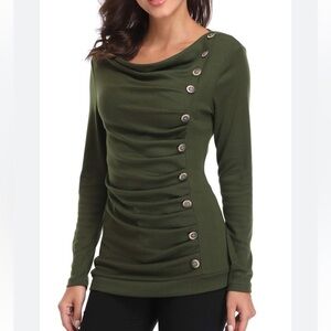 Miss Molly Green Cowl Neck Decorative Button Ruched Long Sleeve Top